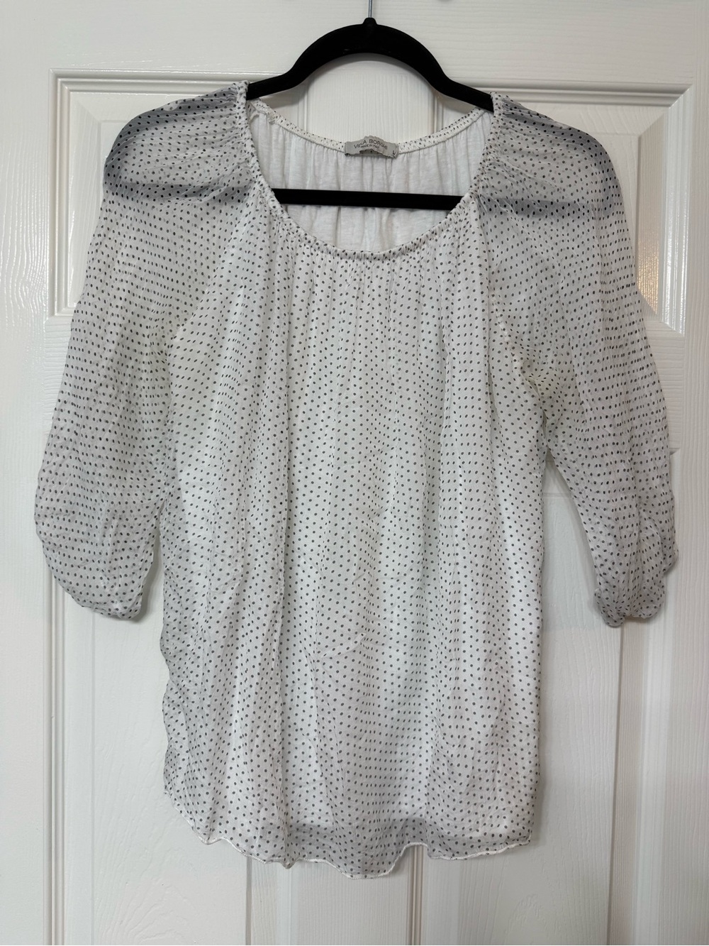 White Dot-Print Peasant Blouse - Lightweight 3/4 Sleeve